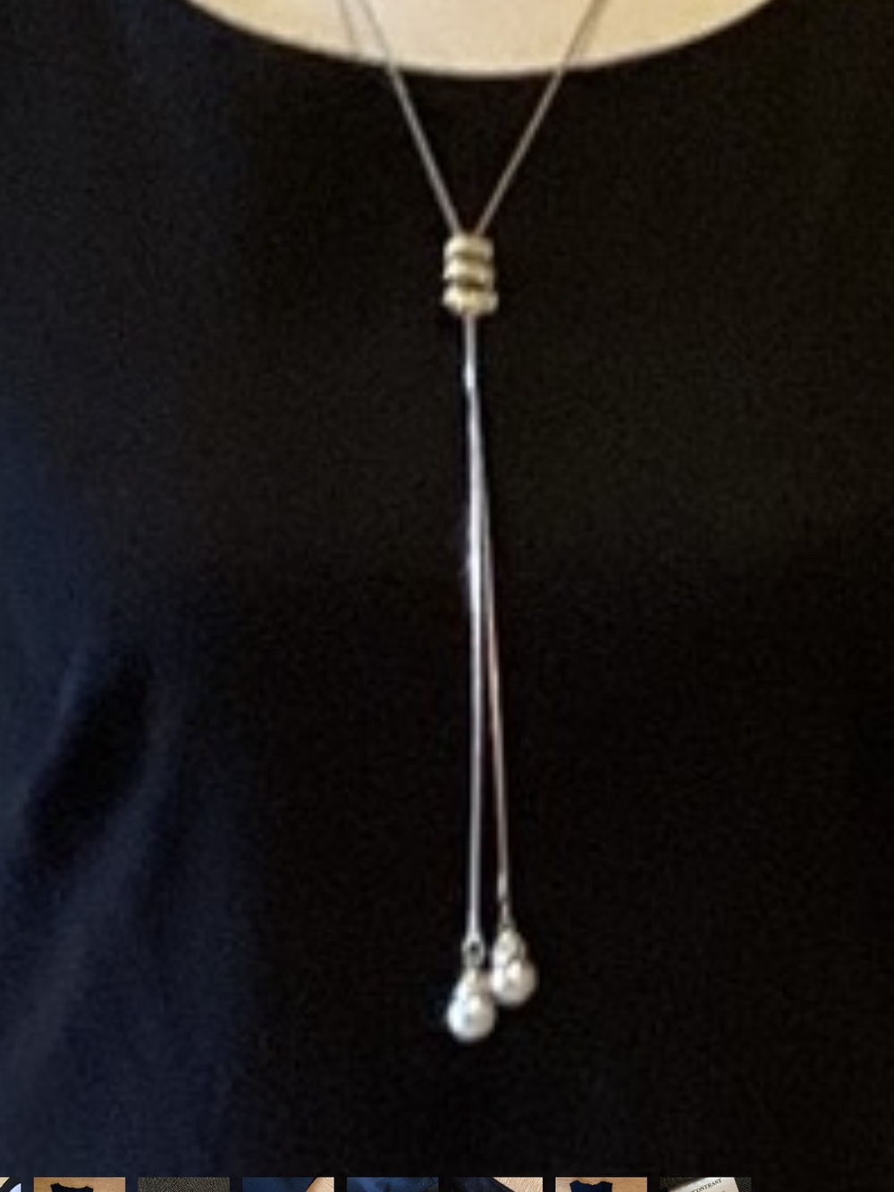 Source Unknown Silver Lariat Necklace with Crystal Slider and Pearl Drops